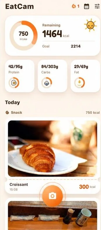 EatCam daily diary showing meal photos and nutrition totals