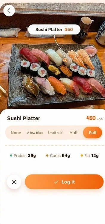 EatCam dish review with individual portion controls