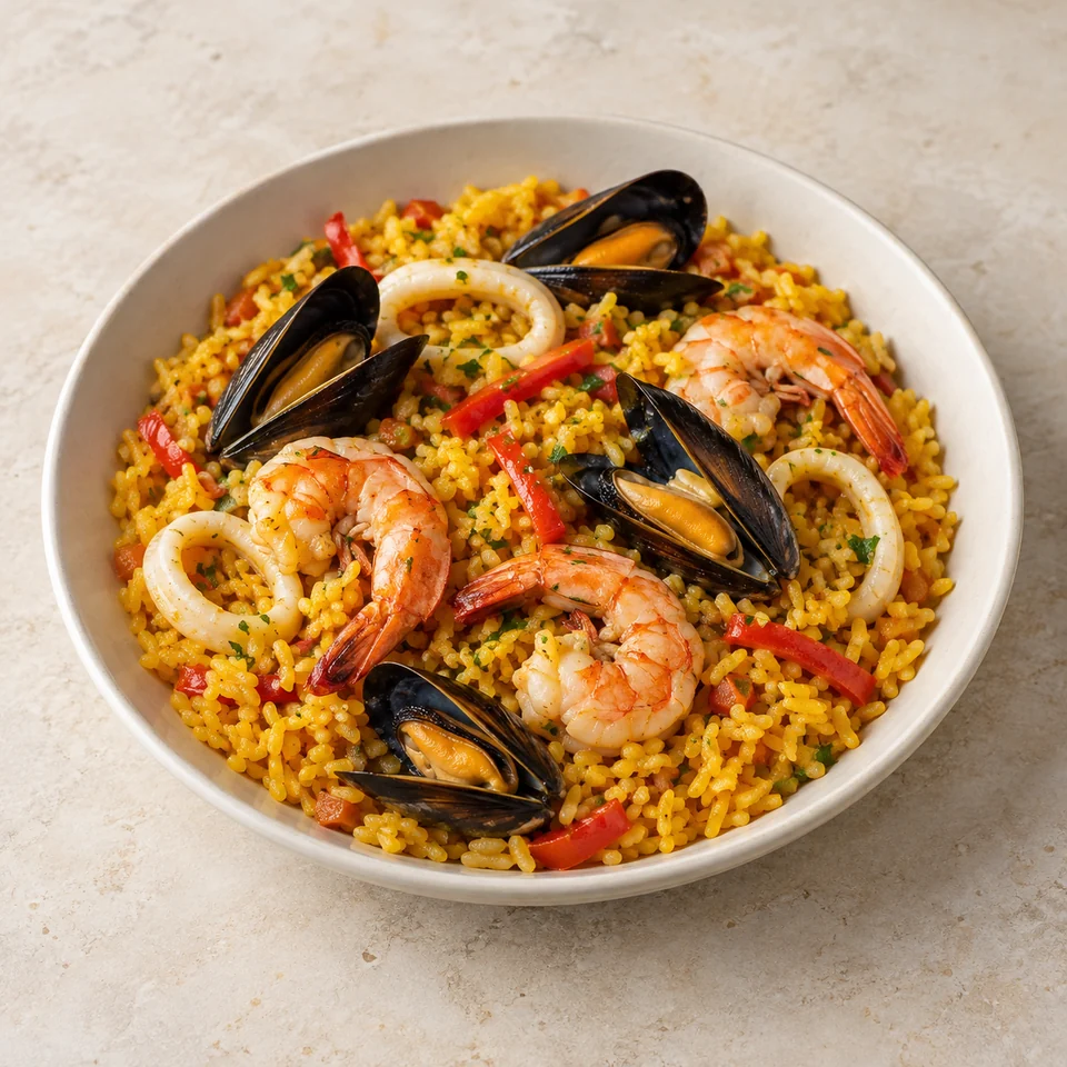 Paella, with seafood — ai-generated illustration