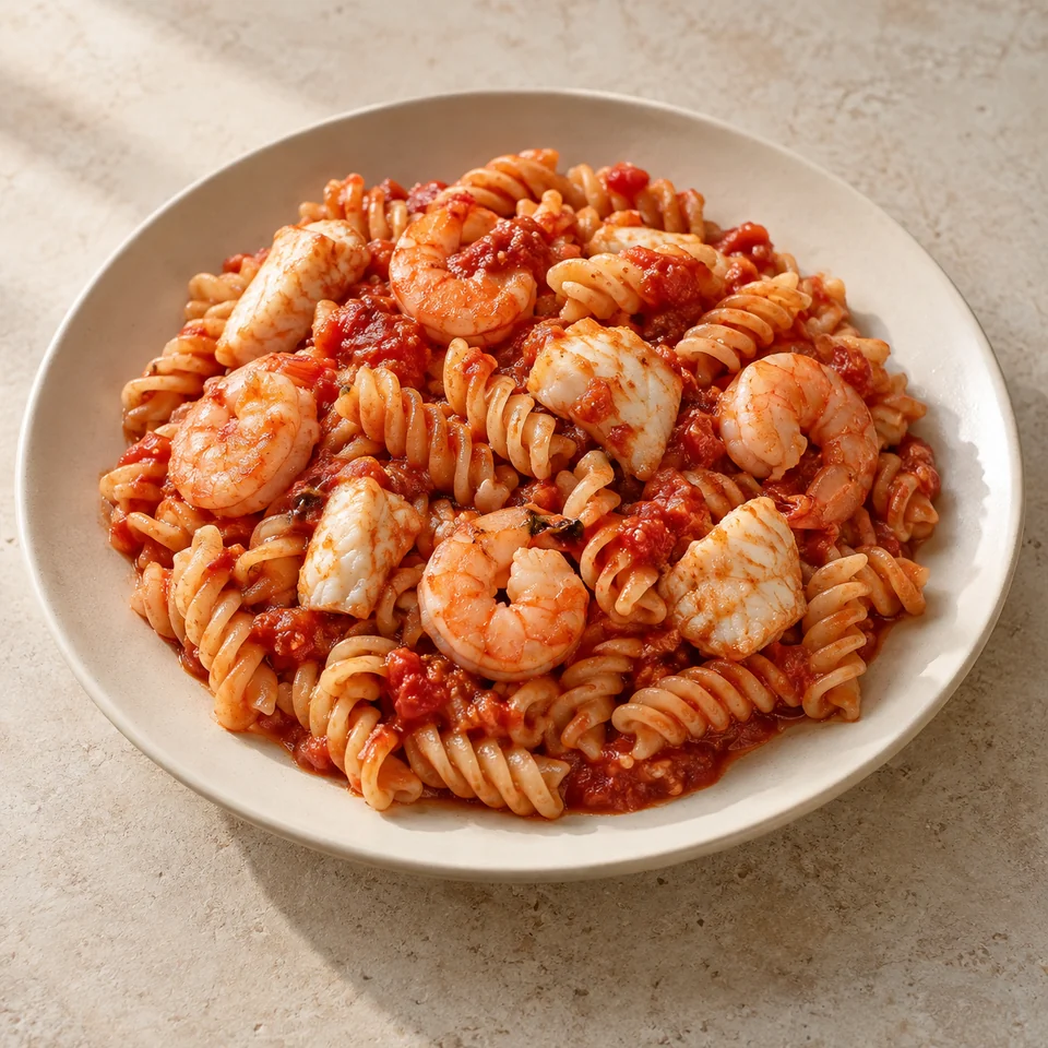 Pasta dish, homemade, tomato based sauce, added fish/seafood — ai-generated illustration