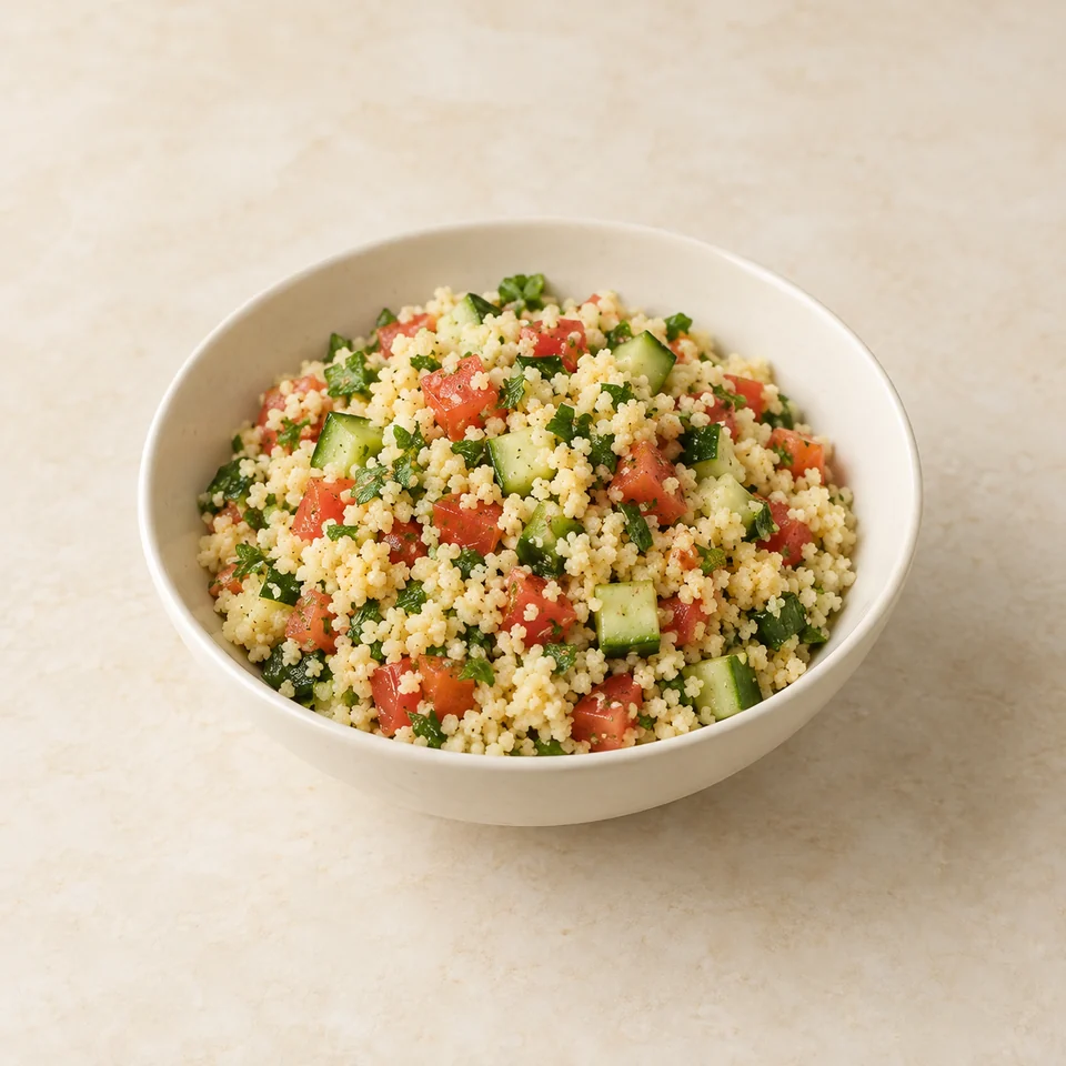 Salad, couscous, added dressing — ai-generated illustration