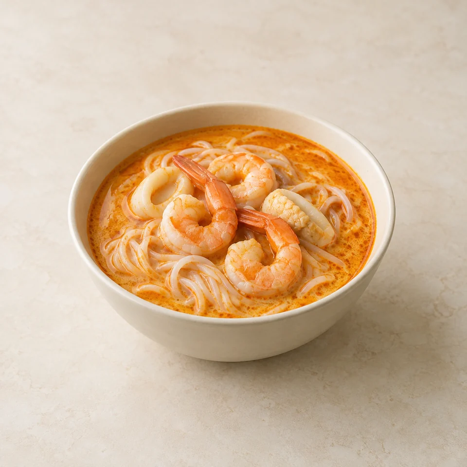 Soup, laksa, prawn or seafood, with noodles, made with coconut milk — ai-generated illustration