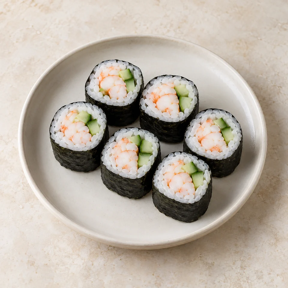 Sushi, prawn & other seafood — ai-generated illustration