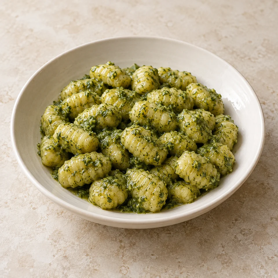 Gnocchi dish, pesto based sauce — ai-generated illustration