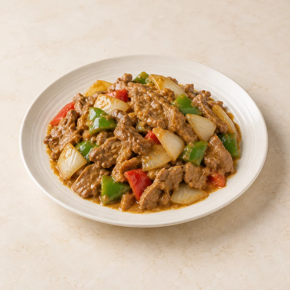 Stir-fry, homemade, lamb, satay sauce — ai-generated illustration
