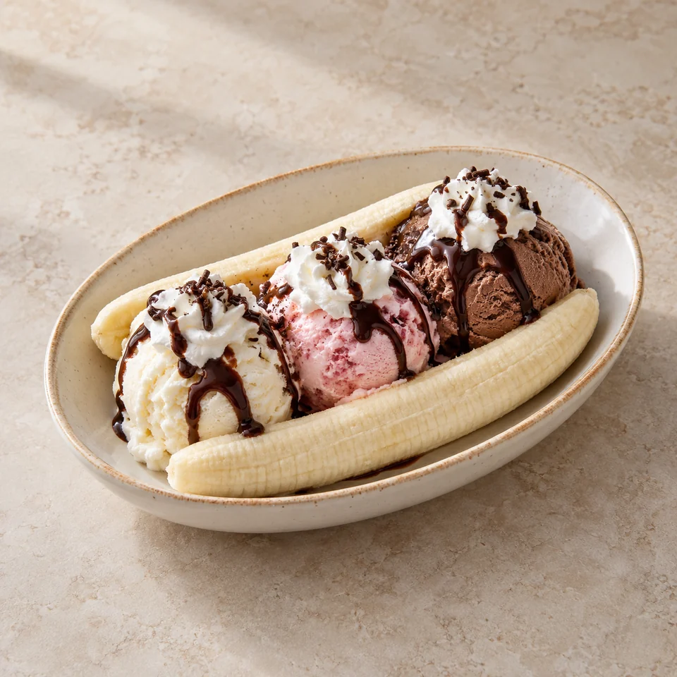 Banana split, homemade — ai-generated illustration