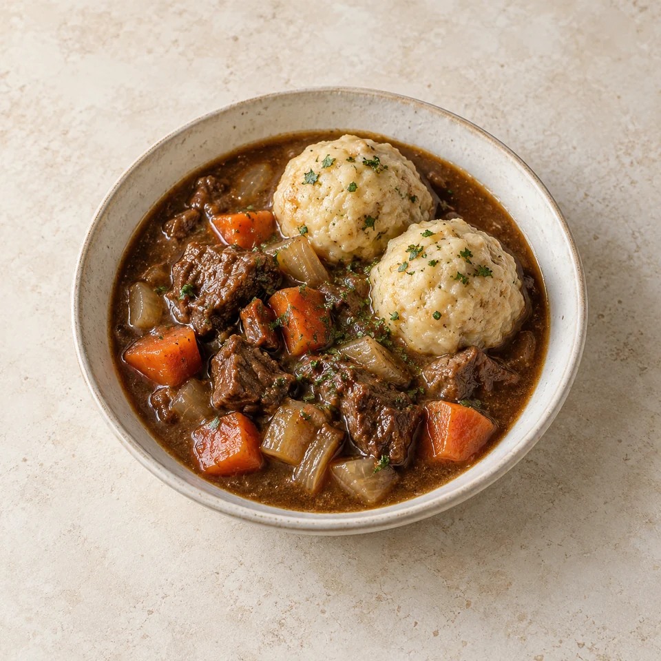 Stew, beef, with dumplings, homemade — ai-generated illustration
