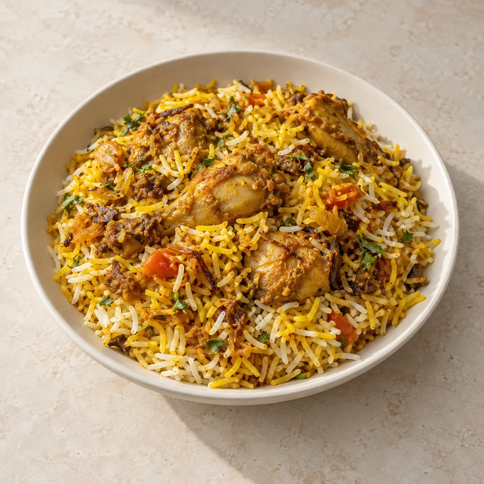 Biryani, chicken, takeaway — ai-generated illustration