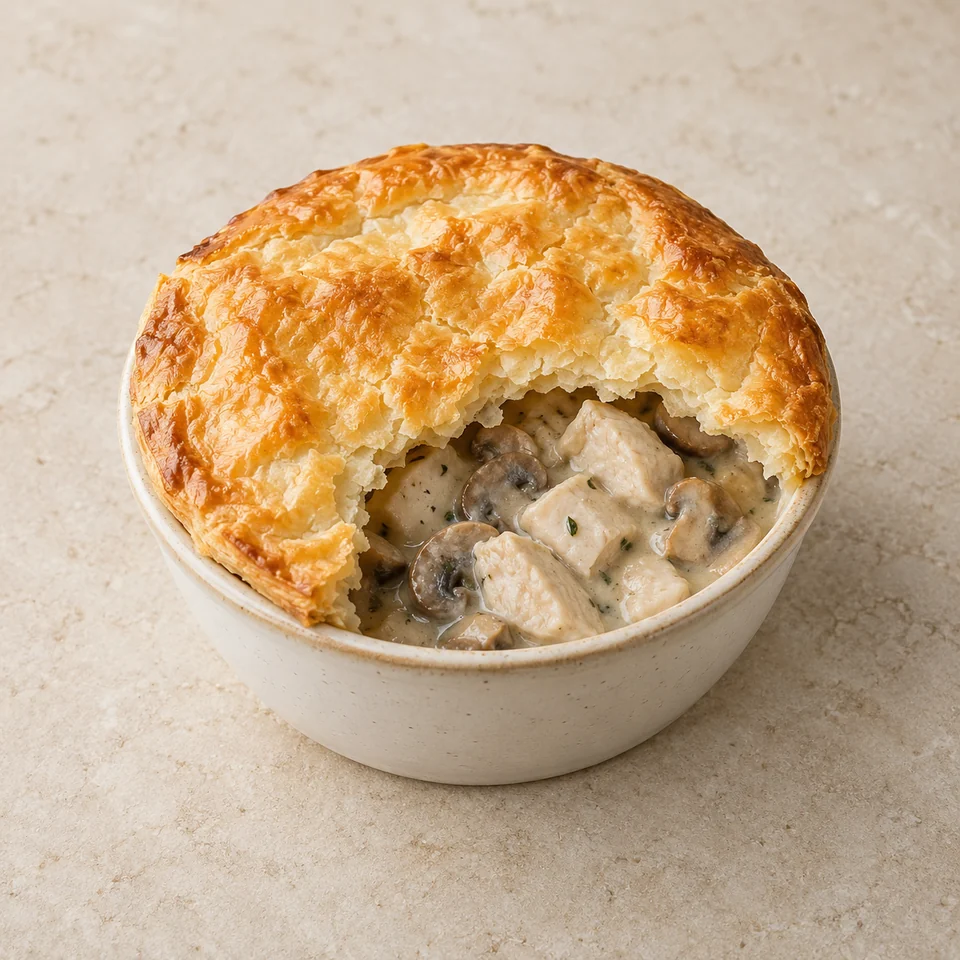 Pie, chicken and mushroom, single crust, homemade — ai-generated illustration