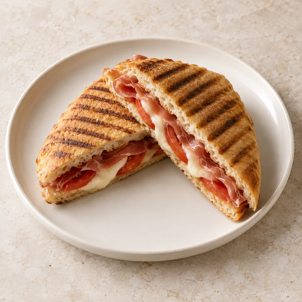 Prosciutto, mozzarella and tomato panini — ai-generated illustration