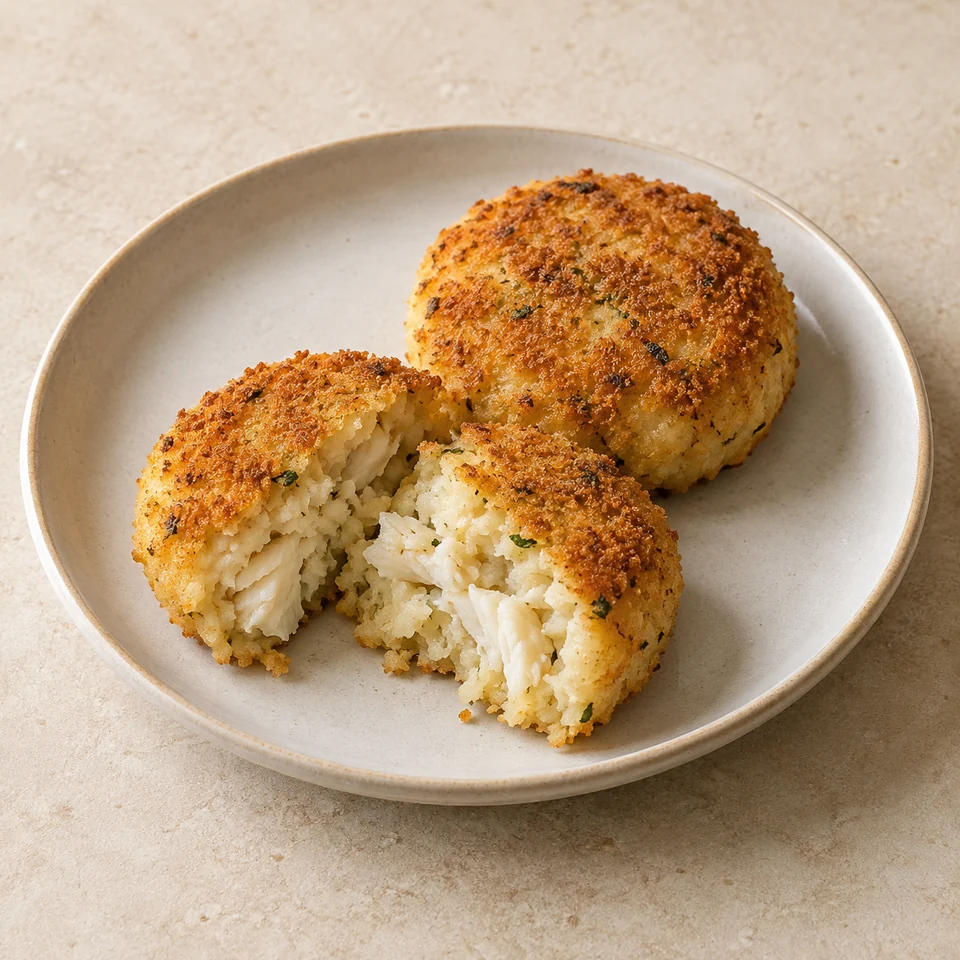 Fishcakes, white fish, coated in breadcrumbs, baked — ai-generated illustration