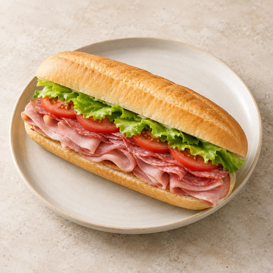 Cold-cut submarine sandwich with lettuce and tomato (fast food) — ai-generated illustration