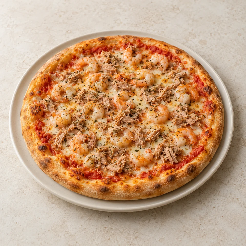 Pizza, fish topped, takeaway — ai-generated illustration