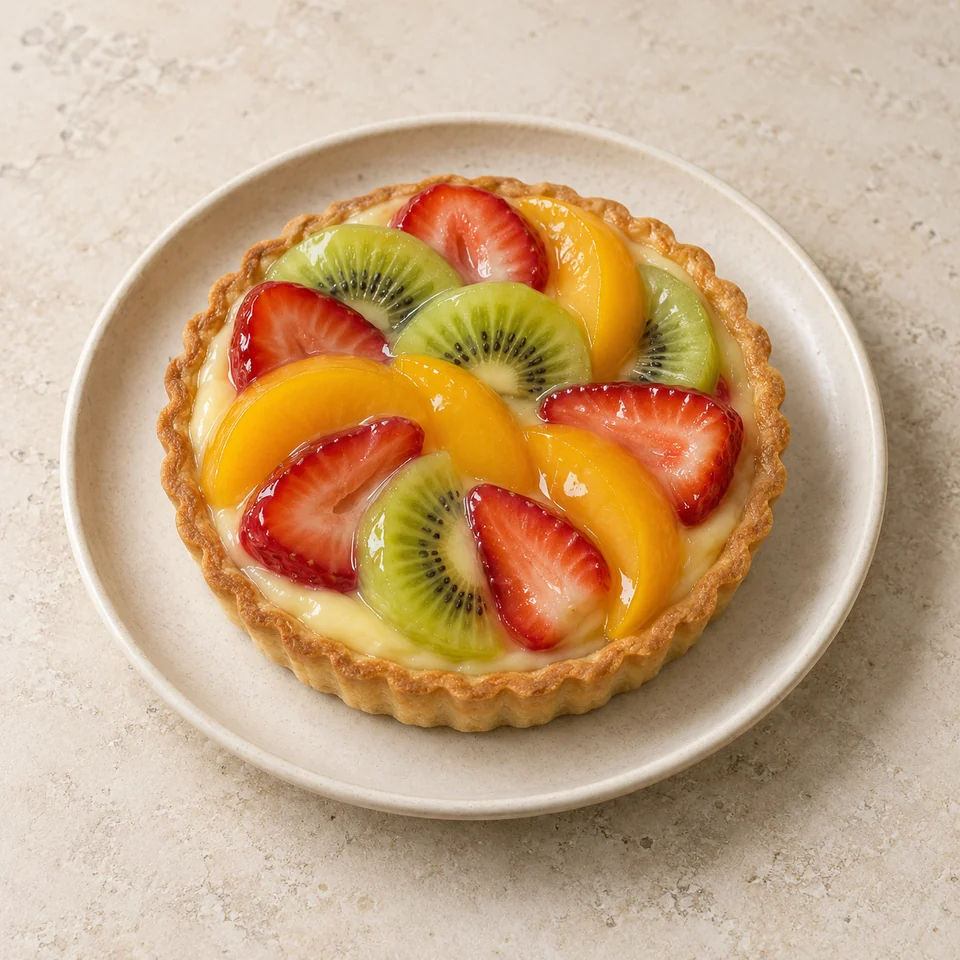 Flan, pastry, with fruit, homemade — ai-generated illustration