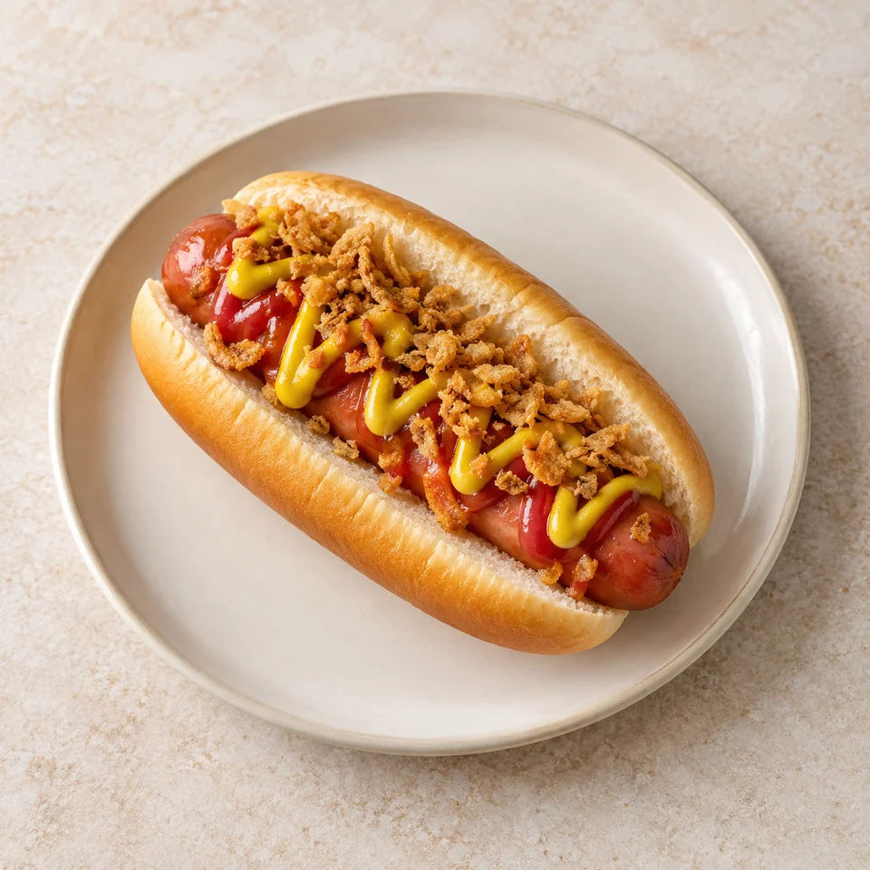 Frankfurter with bun, ketchup, fried onions and mustard — ai-generated illustration
