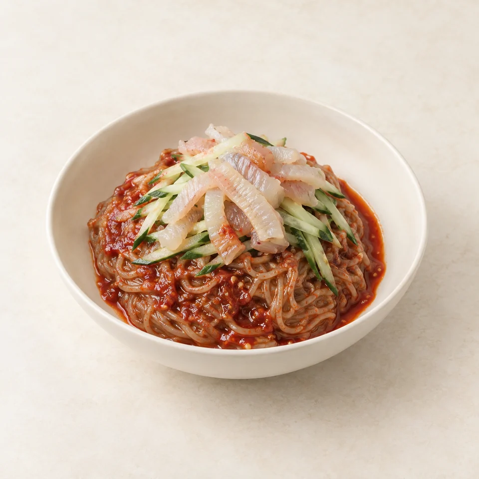 Skate hoe-naengmyeon cold noodles — ai-generated illustration