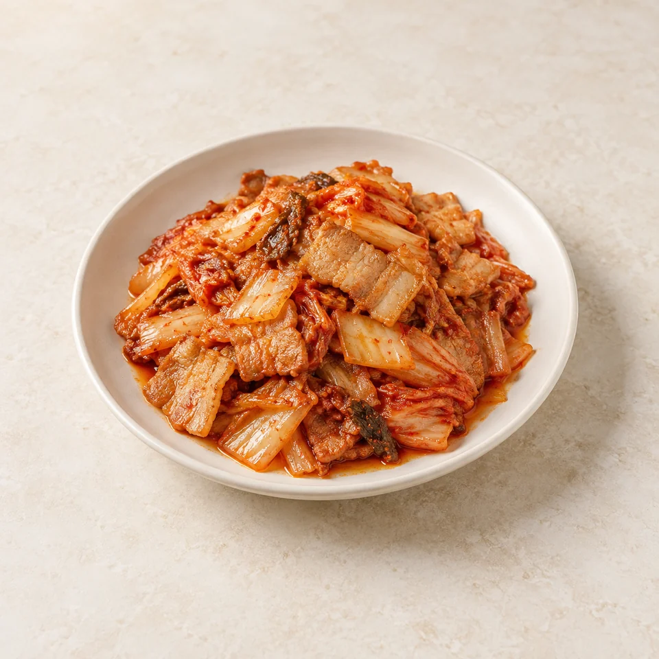 Pork belly stir-fried with aged kimchi — ai-generated illustration
