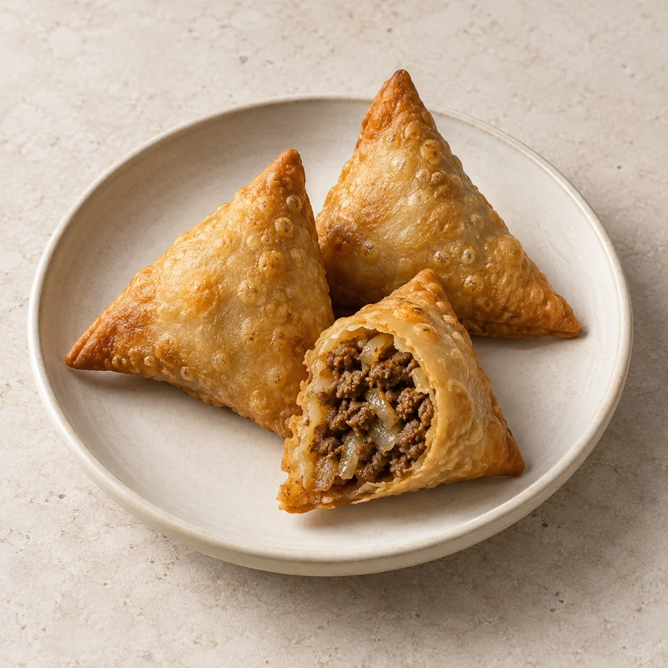 Meat samosas, takeaway — ai-generated illustration