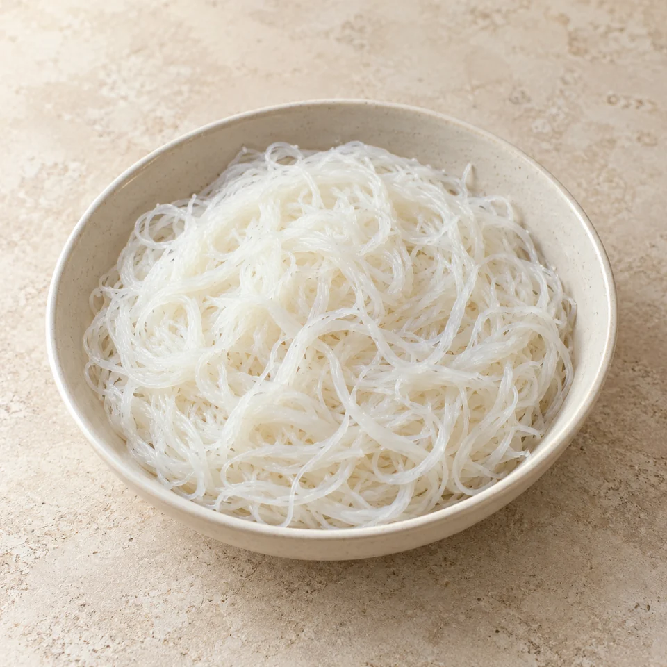 Noodles, rice, fine, dried, boiled in unsalted water — ai-generated illustration