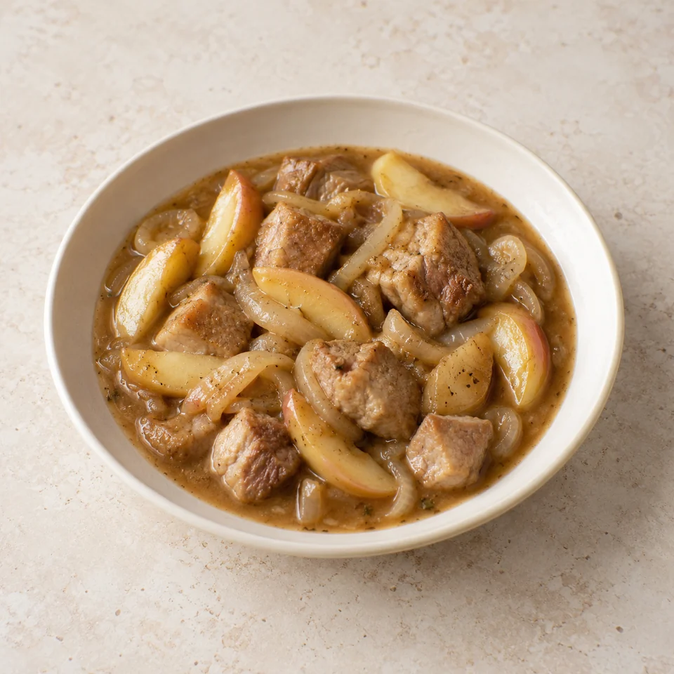 Casserole, pork and apple, homemade — ai-generated illustration