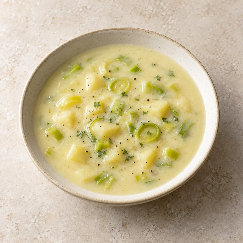 Soup, potato and leek, homemade — ai-generated illustration