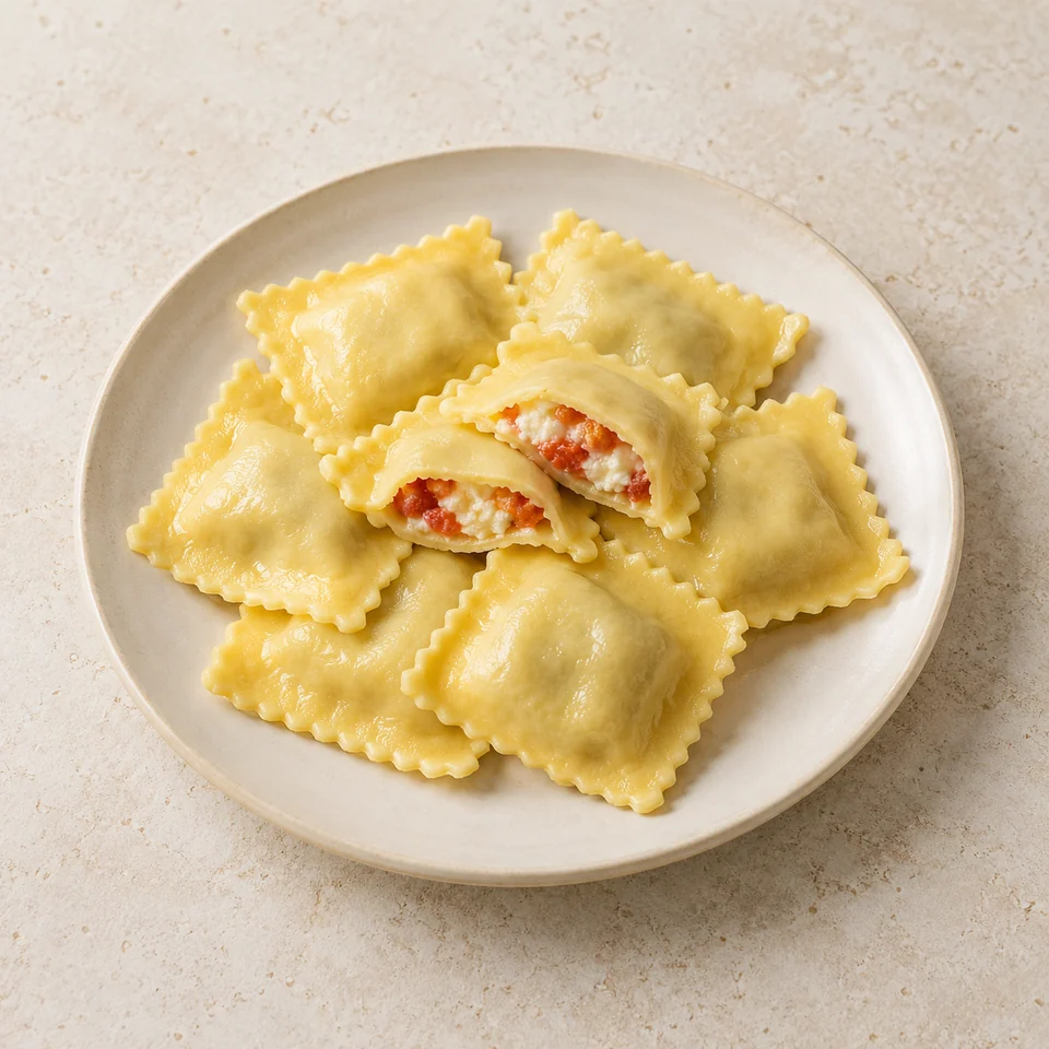 Pasta, egg, fresh, filled with cheese and tomato, boiled in unsalted water — ai-generated illustration