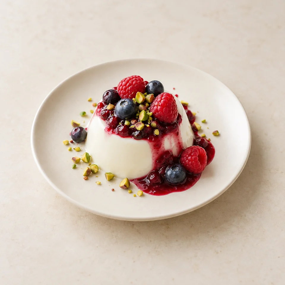Almond-milk panna cotta with berries — ai-generated illustration