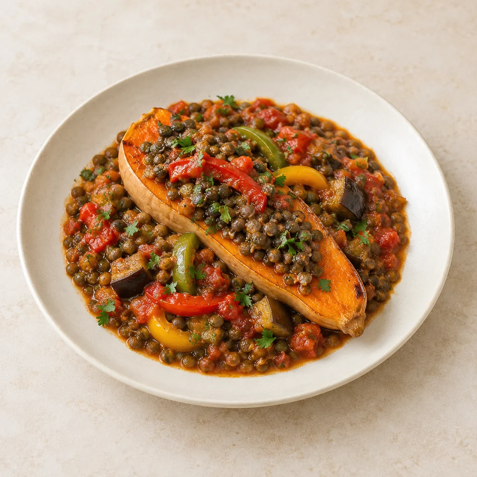 Spanish-style lentil stew with roasted squash — ai-generated illustration