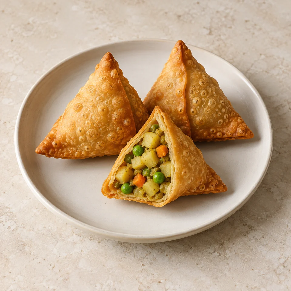 Samosas, vegetable, retail — ai-generated illustration