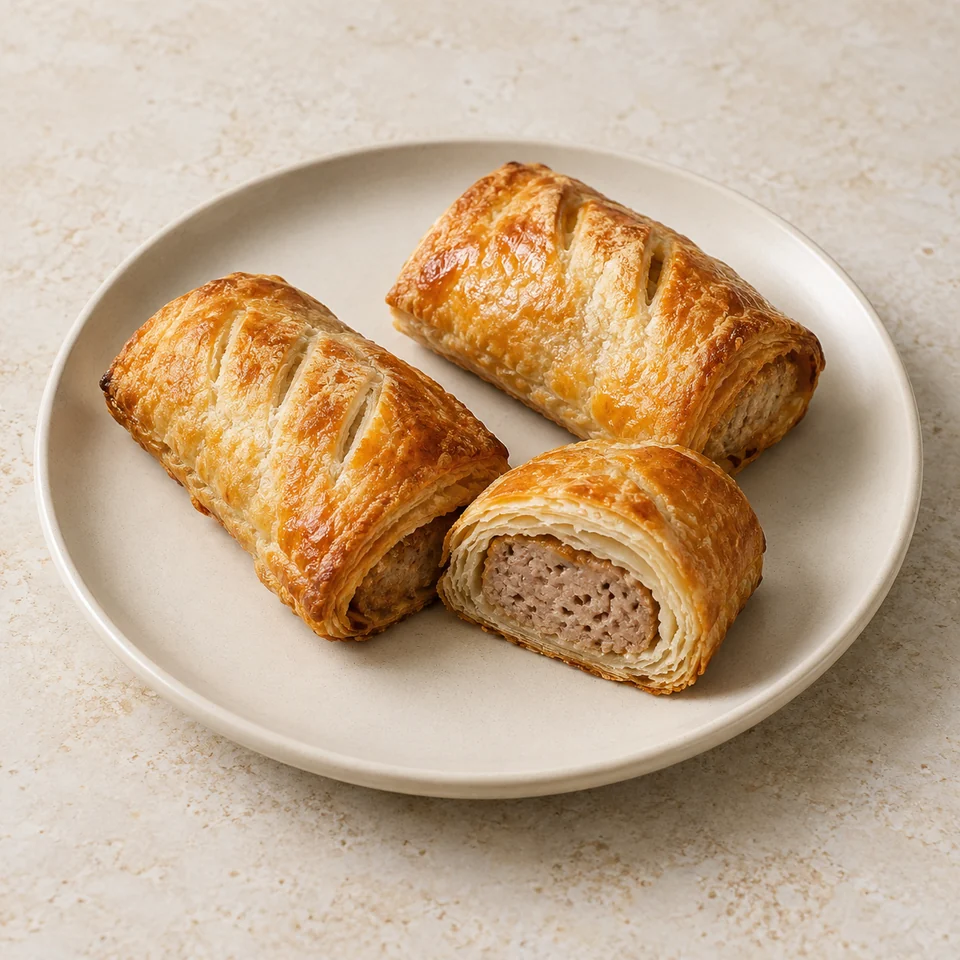 Sausage roll, flaky pastry, ready-to-eat, retail — ai-generated illustration