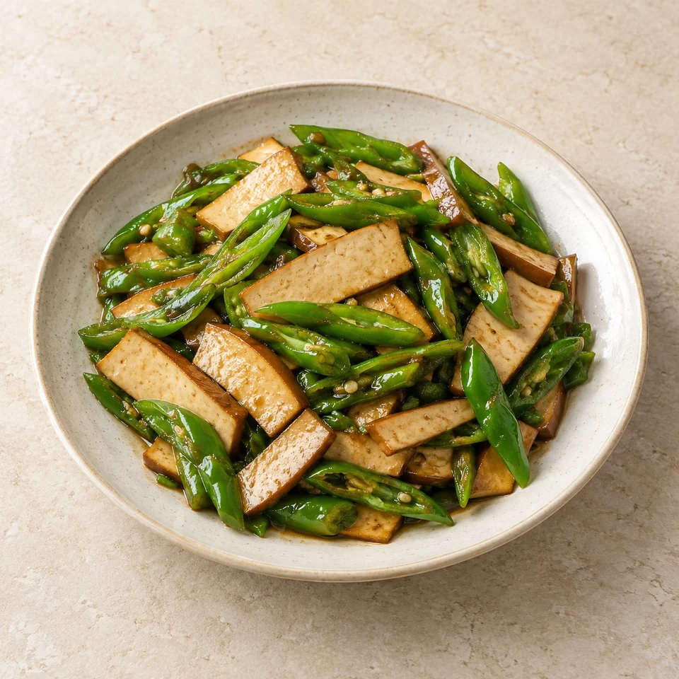Spicy Green Peppers with Dried Tofu — ai-generated illustration