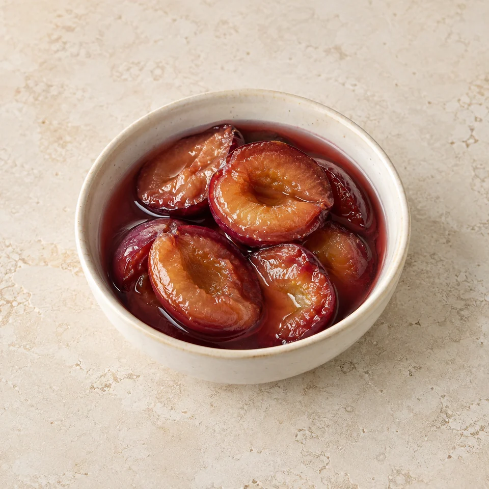 Plums, average, flesh and skin, stewed without sugar — ai-generated illustration