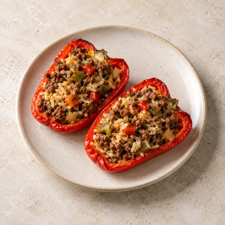 Peppers, stuffed with beef, rice and vegetables, homemade — ai-generated illustration