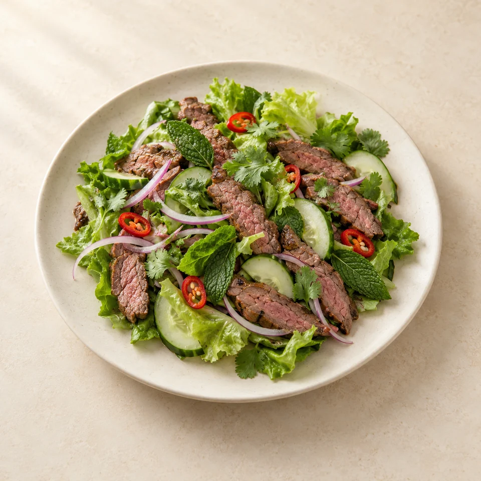 Salad, thai beef, made with lettuce, onion, cucumber, herbs and chilli, no added dressing — ai-generated illustration