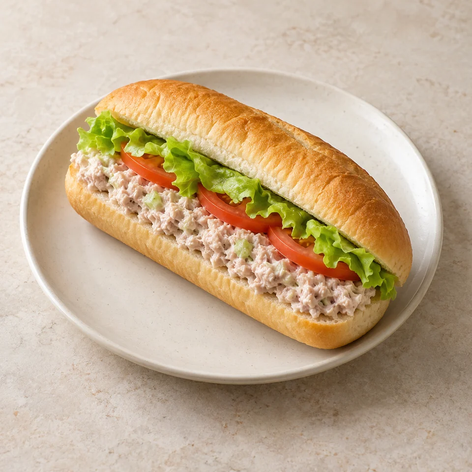 Tuna salad submarine sandwich with lettuce and tomato (fast food) — ai-generated illustration